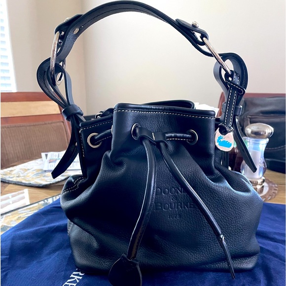 Dooney & Bourke Black Pebble Grain Leather Drawstring Bag 11 X 10.75 NEW - Picture 1 of 16